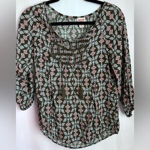 Mossimo 3/4 Sleeve Tassel Tie Strings Top- Forest Green/Floral Size X-Small
